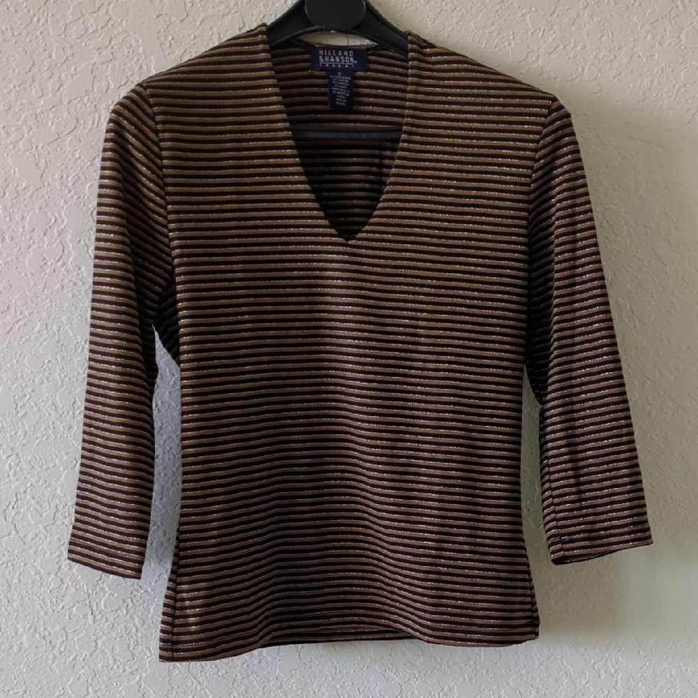 Hillard & Hanson Black and Brown Striped V-Neck Top